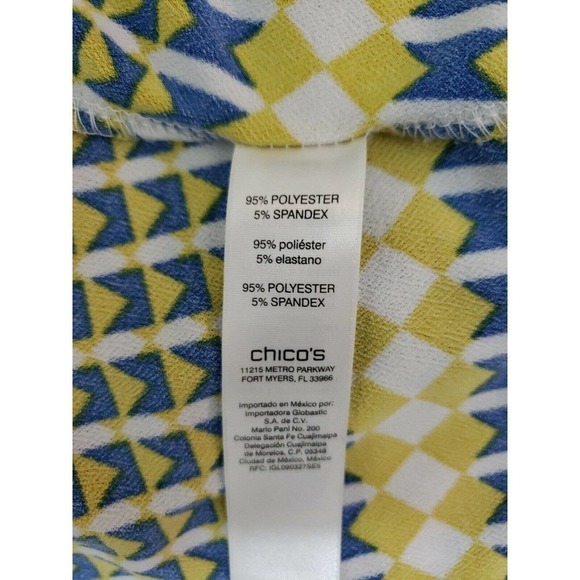 Chico's ~Woman Size 3~ Yellow/Blue Flare Top Blouse, Stretch, 3/4 Sleeve. - Picture 10 of 12